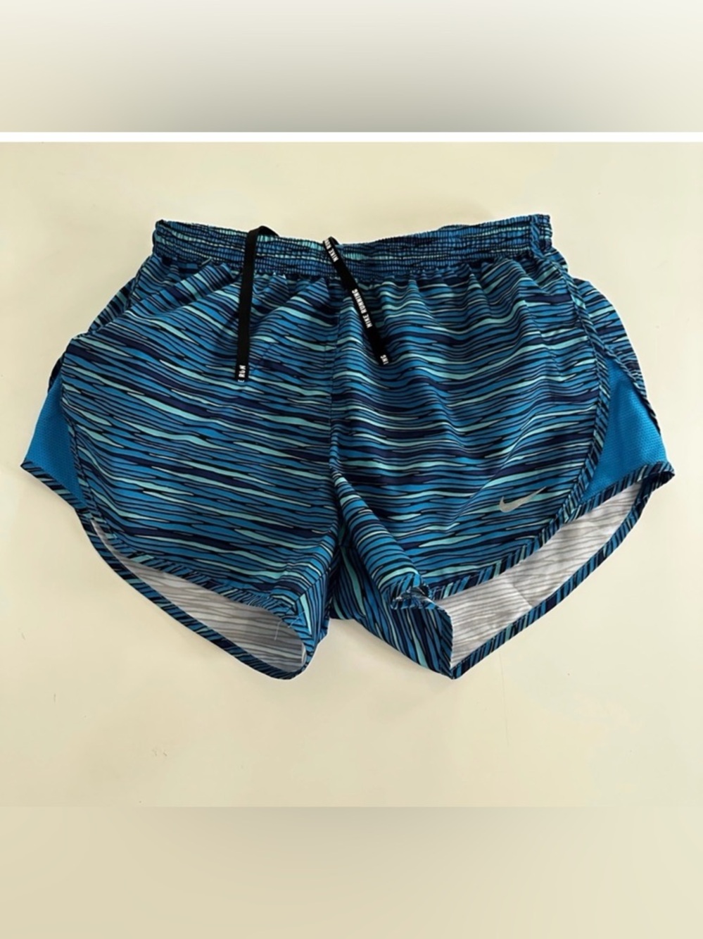Nike Womens Athletic Running Shorts Blue Black Striped Elastic Waist Casual